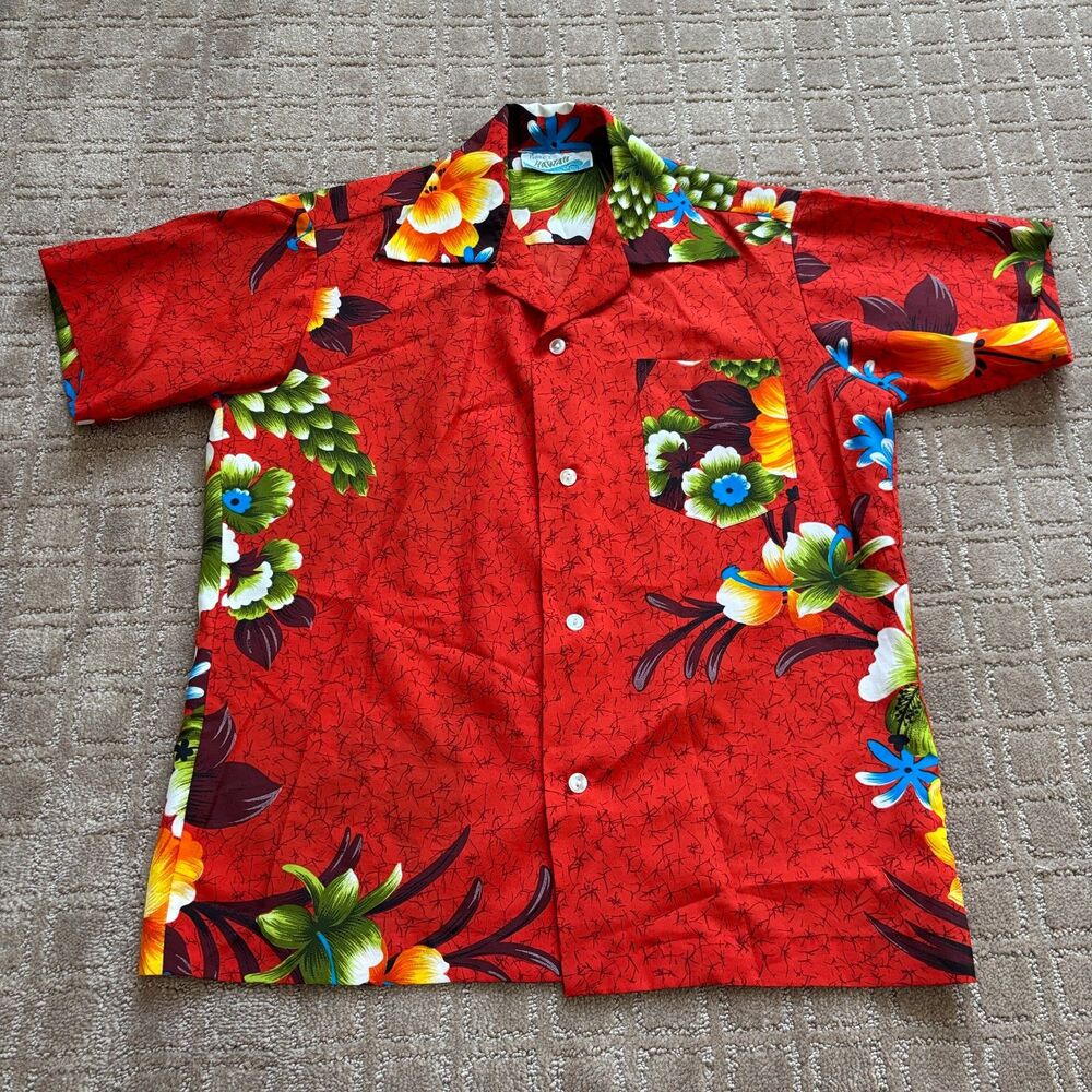 PENNEYS HAWAII VTG Hawaiian Shirt Men Small Red Floral 60s 70s Luau Vacation